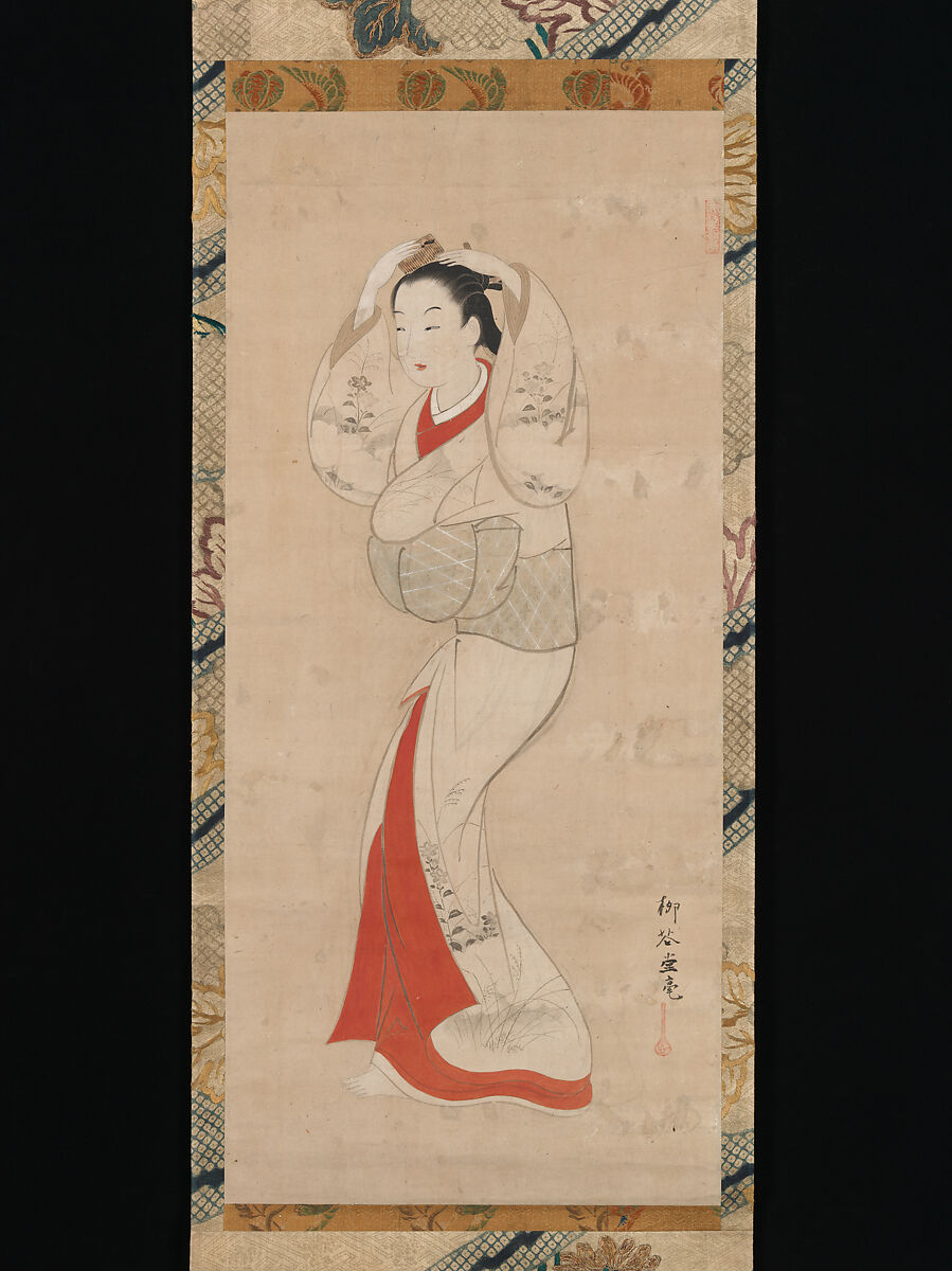 Standing Woman, Ryūkadō (Japanese, active 1740s), Hanging scroll; ink and color on paper, Japan 