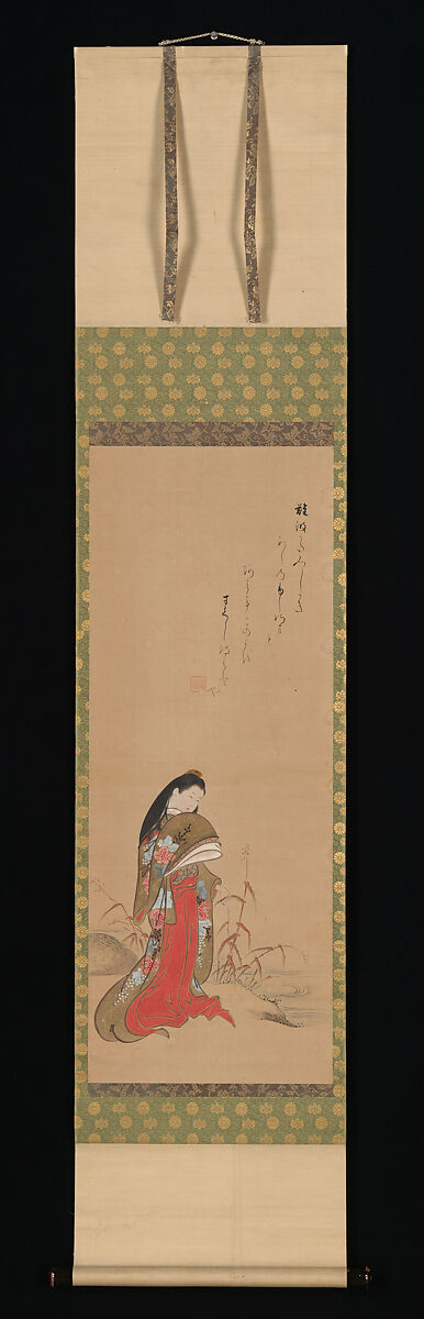 Lady Ise by the Riverbank, Nishikawa Sukenobu (Japanese, 1671–1750), Hanging scroll; ink and color on paper, Japan