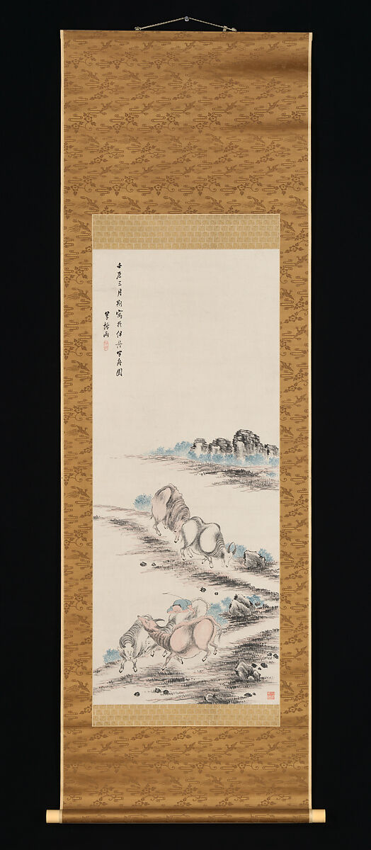 Herdboy and Water Buffaloes Returning Home, Takahashi Sōhei (Japanese, 1804–1835), Hanging scroll; ink and color on paper, Japan