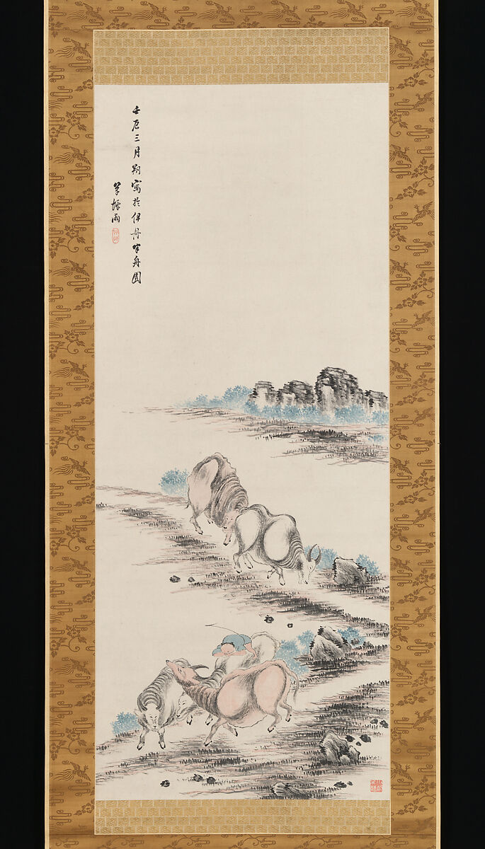 Herdboy and Water Buffaloes Returning Home, Takahashi Sōhei (Japanese, ca 1804.– ca. 1835), Hanging scroll; ink and color on paper, Japan 