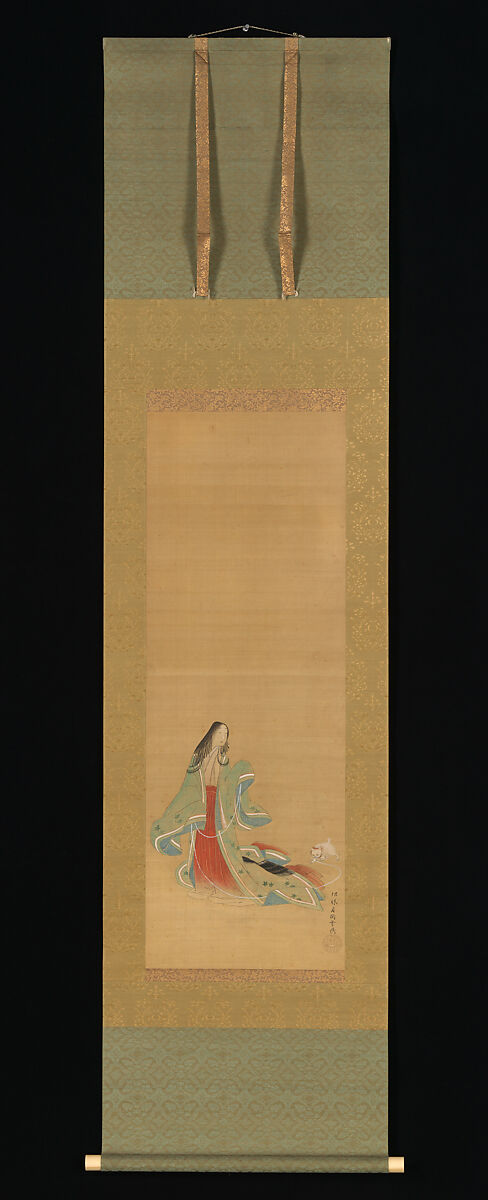 The Third Princess with her Cat, from the "New Herbs I" (Wakana I)
 chapter The Tale of Genji (Genji monogatari}, Tsukioka Settei (Japanese, 1710–1786), Hanging scroll; ink and color on silk, Japan