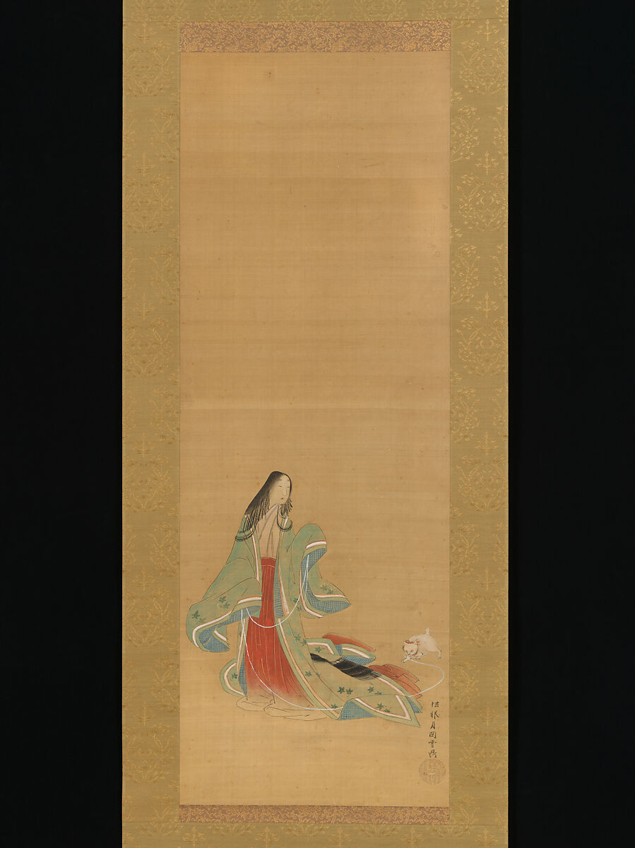The Third Princess with her Cat, from the "New Herbs I" (Wakana I)
 chapter The Tale of Genji (Genji monogatari}, Tsukioka Settei (Japanese, 1710–1786), Hanging scroll; ink and color on silk, Japan 