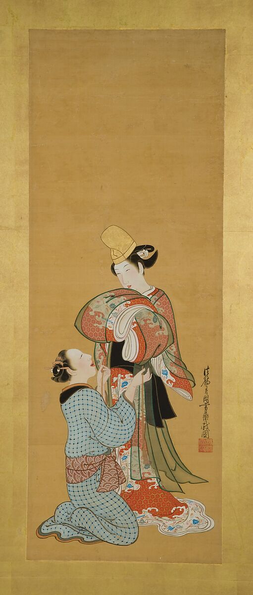 Shirabyōshi Dancer and Female Servant; Courtesan and Girl Attendant, Tsukioka Settei (Japanese, 1710–1786), Hanging scroll paintings, remounted as a two‑panel folding screen; ink, color, and gold on silk, Japan