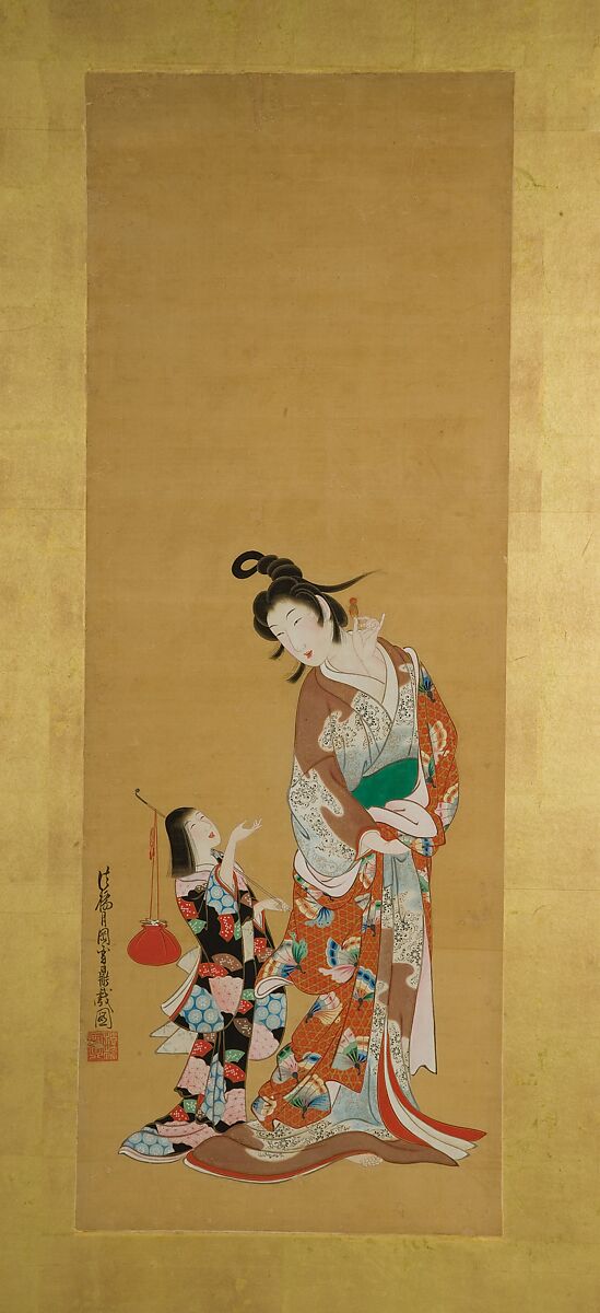 Shirabyōshi Dancer and Female Servant; Courtesan and Girl Attendant, Tsukioka Settei (Japanese, 1710–1786), Hanging scroll paintings, remounted as a two‑panel folding screen; ink, color, and gold on silk, Japan