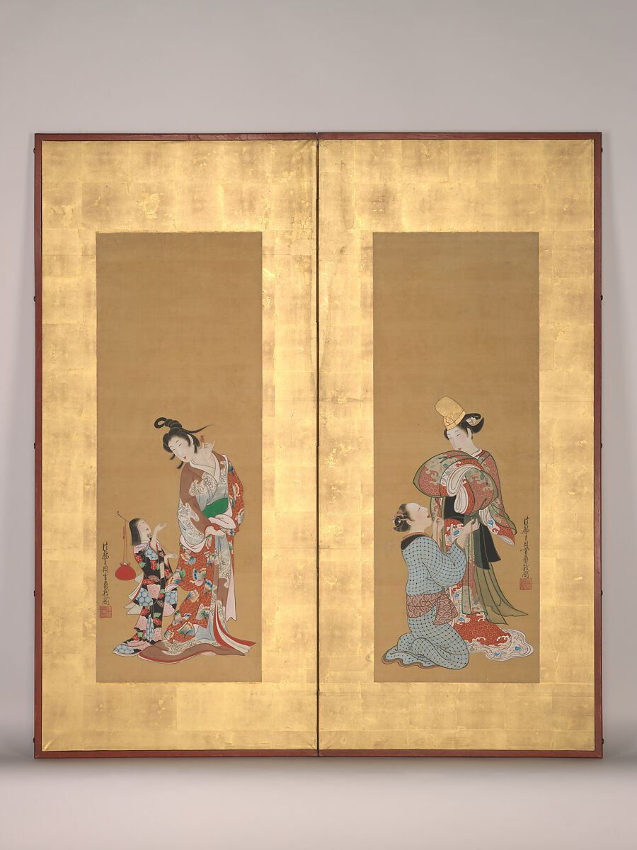 Shirabyōshi Dancer and Female Servant; Courtesan and Girl Attendant, Tsukioka Settei (Japanese, 1710–1786), Hanging scroll paintings, remounted as a two‑panel folding screen; ink, color, and gold on silk, Japan 