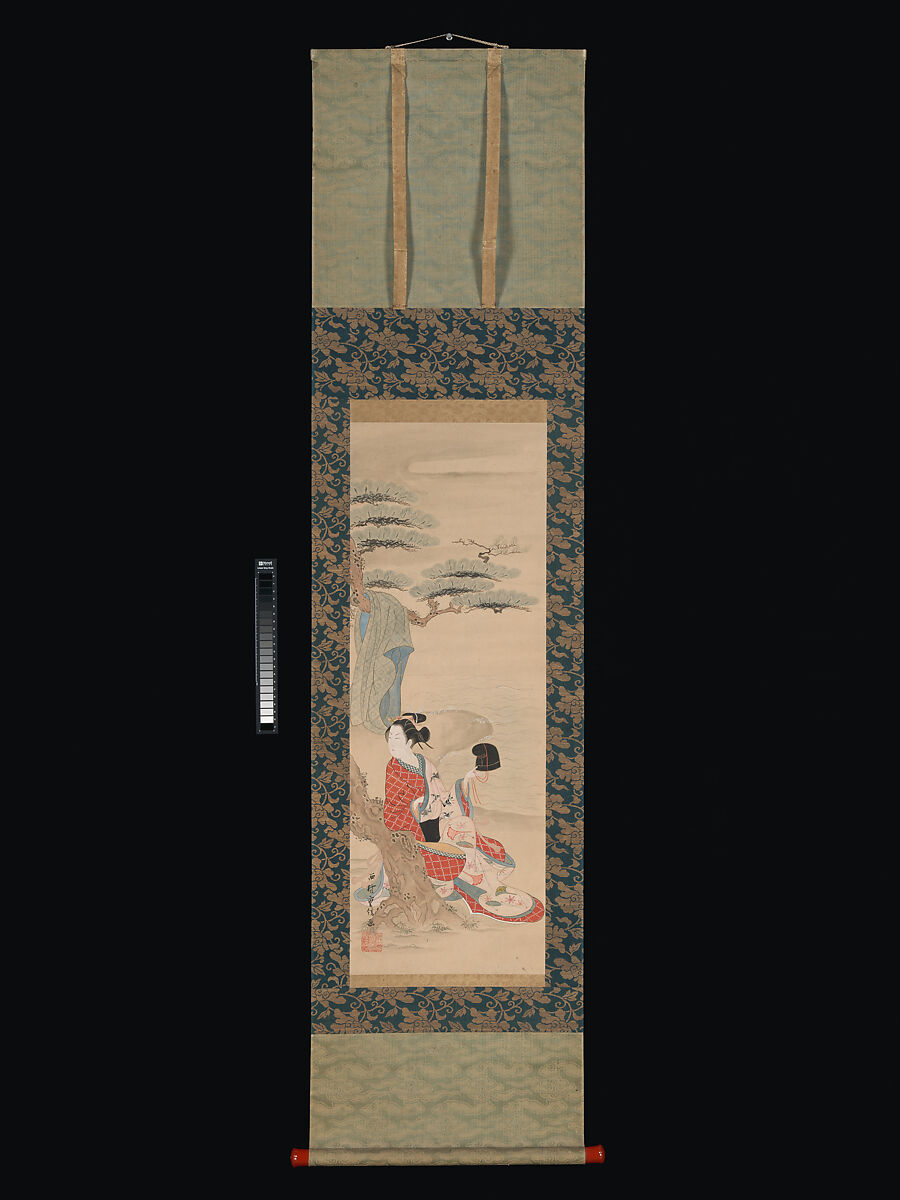 The Brine Maiden Matsukaze, Nishimura Shigenobu (Japanese, active 1729–39), Hanging scroll; ink and color on paper, Japan