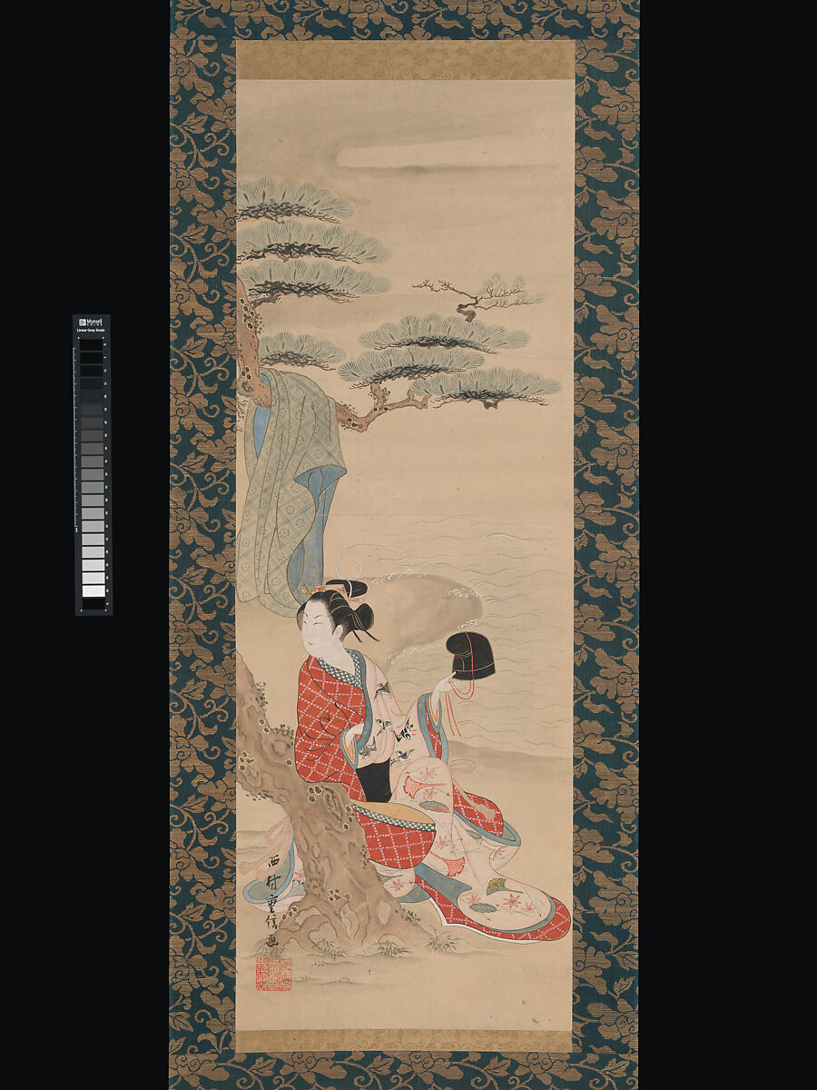 The Brine Maiden Matsukaze, Nishimura Shigenobu (Japanese, active 1729–39), Hanging scroll; ink and color on paper, Japan 