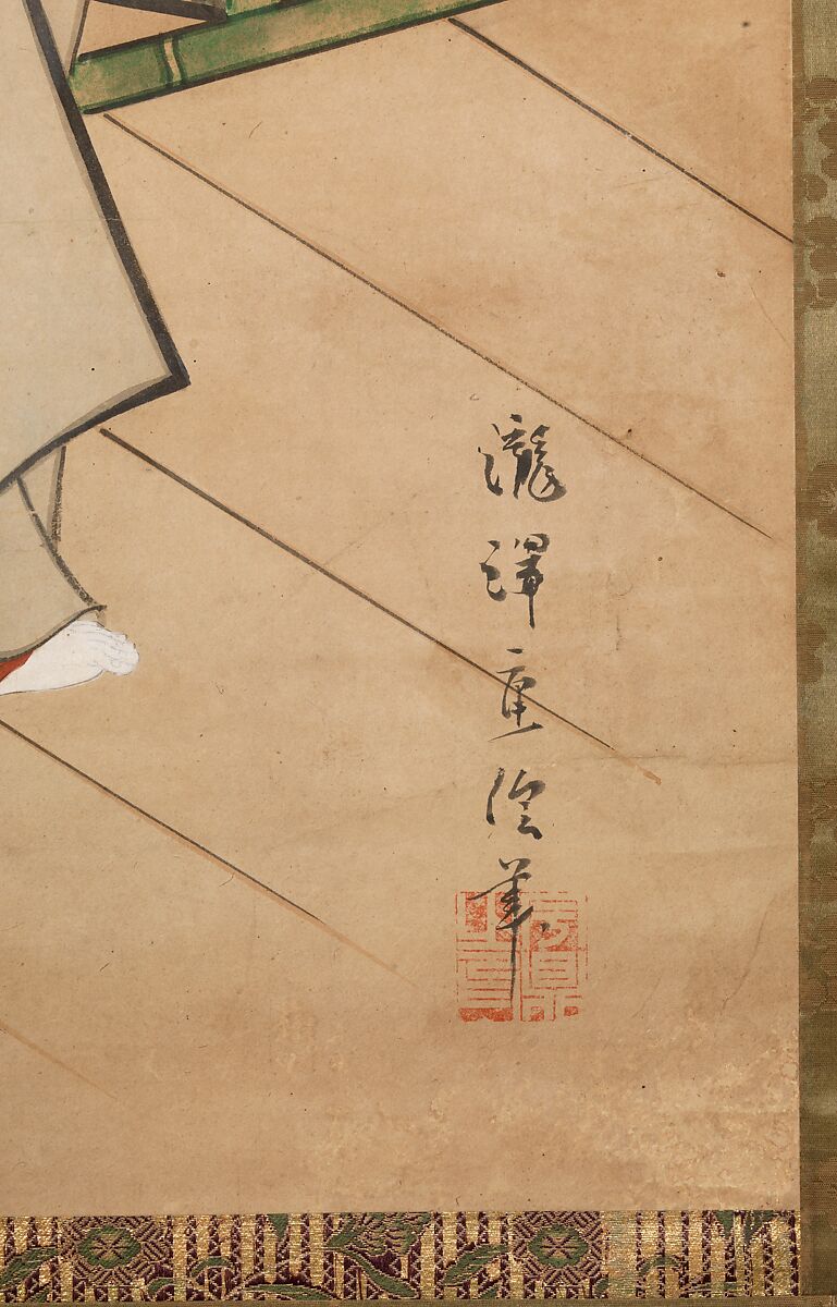 Woman on Veranda, Takizawa Shigenobu (Japanese, active 1720–40), Hanging scroll; ink and color on silk, Japan