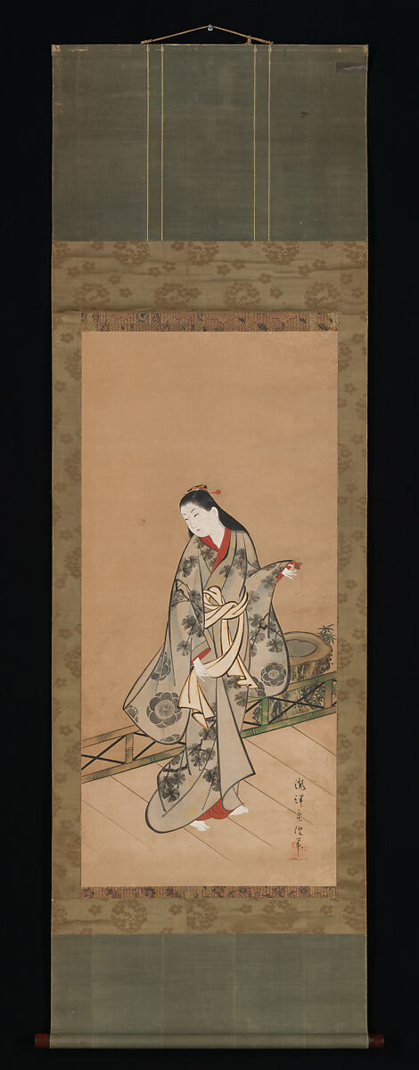Woman on Veranda, Takizawa Shigenobu (Japanese, active 1720–40), Hanging scroll; ink and color on silk, Japan