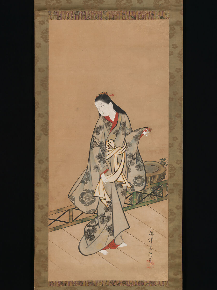 Woman on Veranda, Takizawa Shigenobu (Japanese, active 1720–40), Hanging scroll; ink and color on silk, Japan 