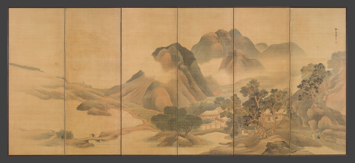 Travels through Mountains and Fields, Yosa Buson (Japanese, 1716–1783), Pair of six-panel folding screens; ink and color on silk, Japan 