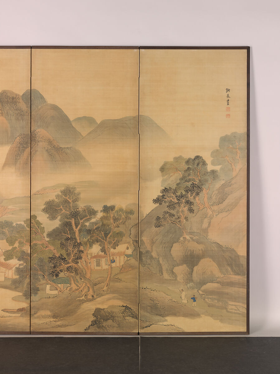 Travels through Mountains and Fields, Yosa Buson (Japanese, 1716–1783), Pair of six-panel folding screens; ink and color on silk, Japan