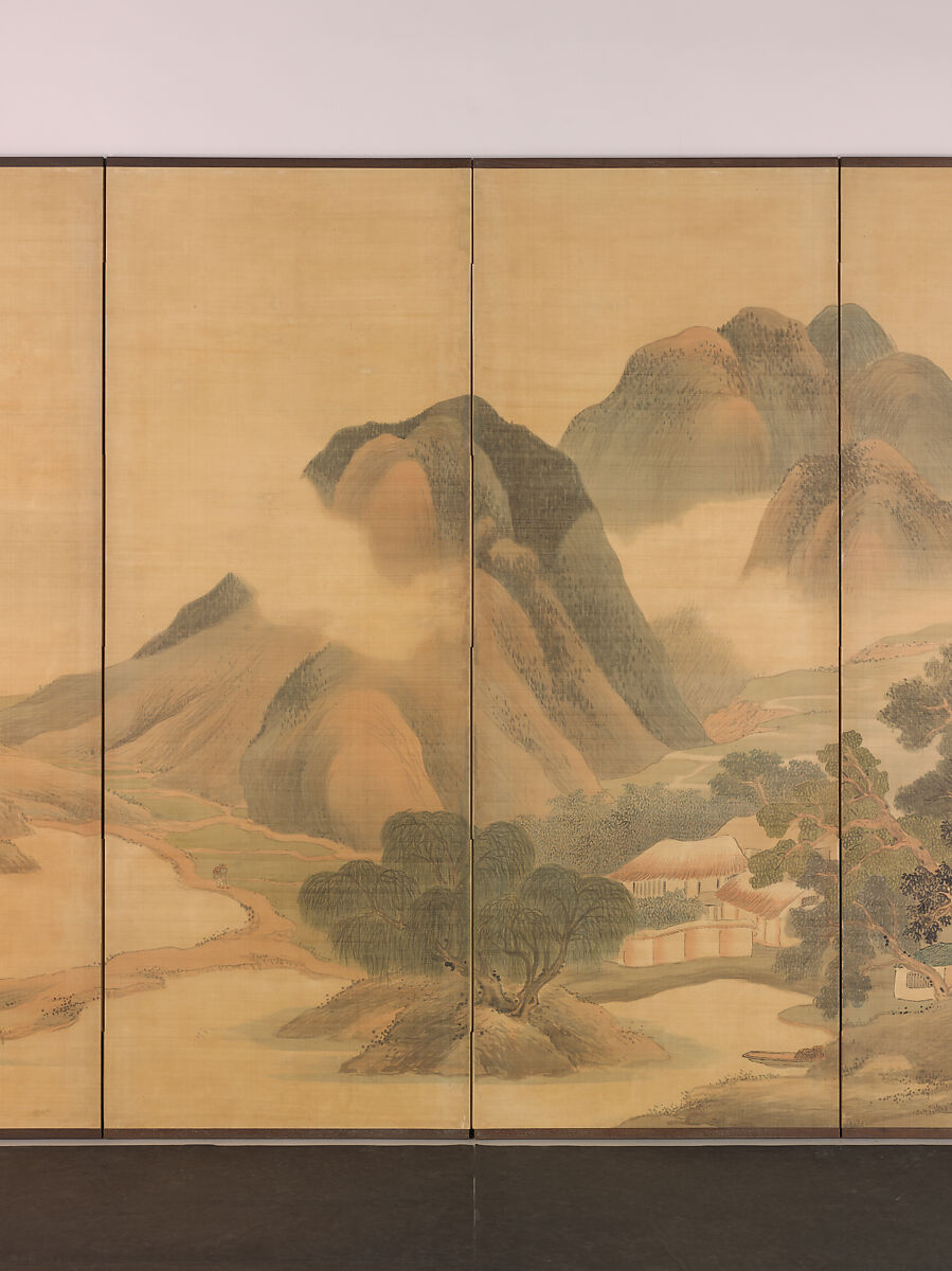 Travels through Mountains and Fields, Yosa Buson (Japanese, 1716–1783), Pair of six-panel folding screens; ink and color on silk, Japan