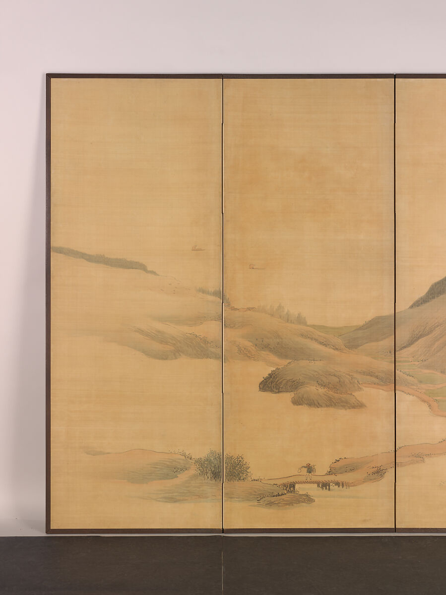 Travels through Mountains and Fields, Yosa Buson (Japanese, 1716–1783), Pair of six-panel folding screens; ink and color on silk, Japan
