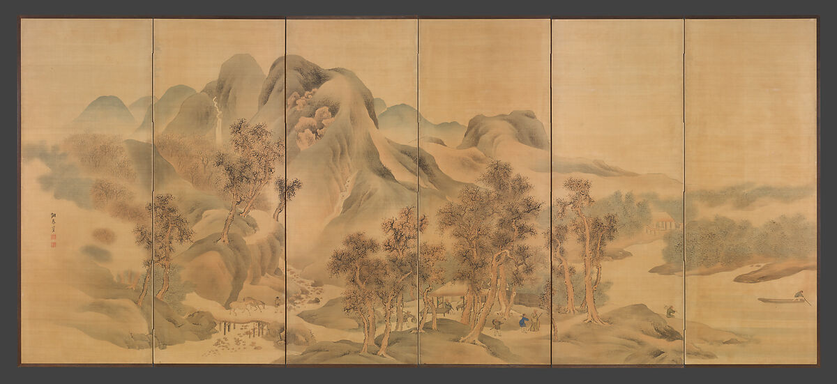 Travels through Mountains and Fields, Yosa Buson (Japanese, 1716–1783), Pair of six-panel folding screens; ink and color on silk, Japan