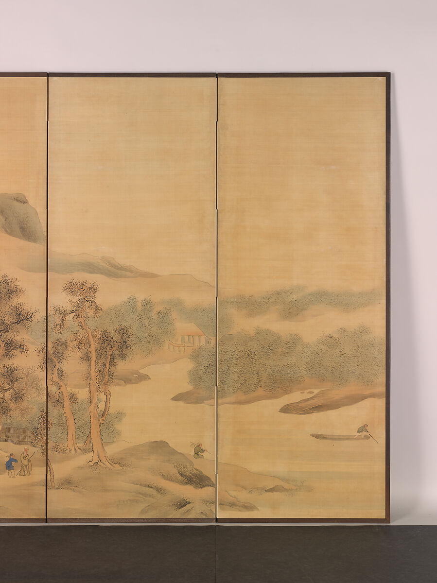 Travels through Mountains and Fields, Yosa Buson (Japanese, 1716–1783), Pair of six-panel folding screens; ink and color on silk, Japan