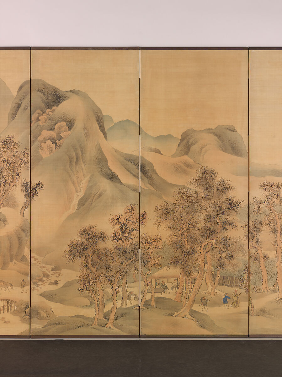 Travels through Mountains and Fields, Yosa Buson (Japanese, 1716–1783), Pair of six-panel folding screens; ink and color on silk, Japan