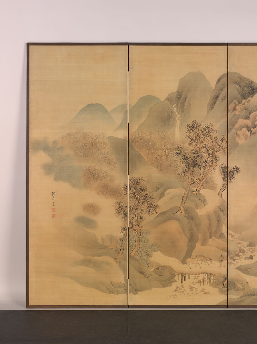 Travels through Mountains and Fields, Yosa Buson (Japanese, 1716–1783), Pair of six-panel folding screens; ink and color on silk, Japan