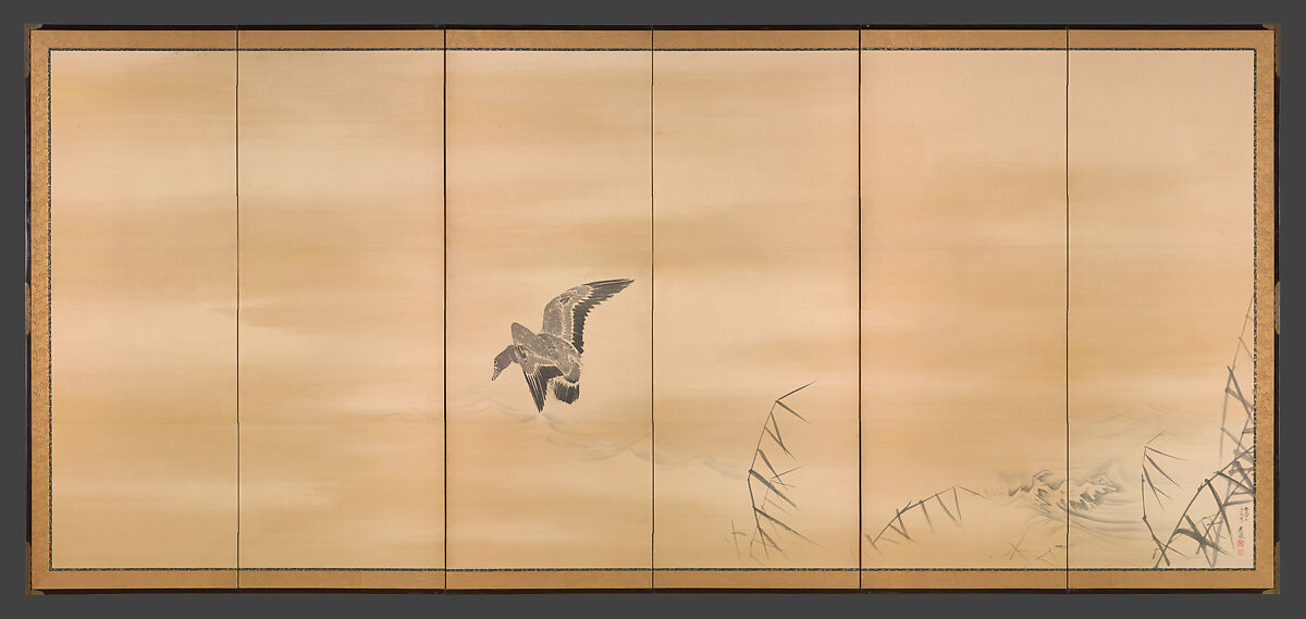 Goose and Reeds; Willows in the Moonlight, Maruyama Ōkyo 円山応挙 (Japanese, 1733–1795), Pair of six-panel folding screens; ink, color and gold on paper, Japan 