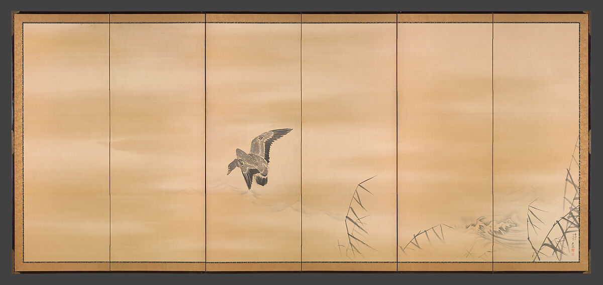 Goose and Reeds; Willows in the Moonlight, Maruyama Ōkyo 円山応挙  Japanese, Pair of six-panel folding screens; ink, color and gold on paper, Japan