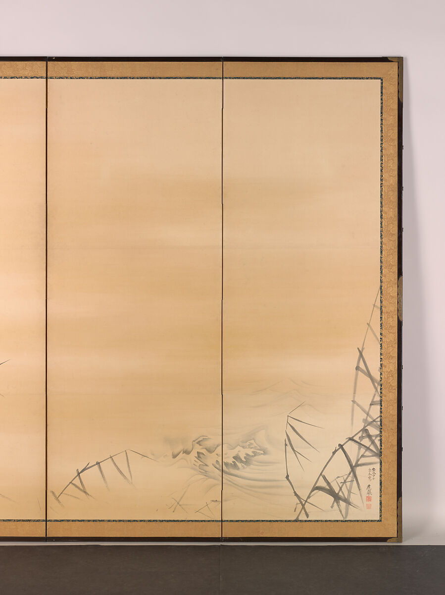 Goose and Reeds; Willows in the Moonlight, Maruyama Ōkyo 円山応挙 (Japanese, 1733–1795), Pair of six-panel folding screens; ink, color and gold on paper, Japan