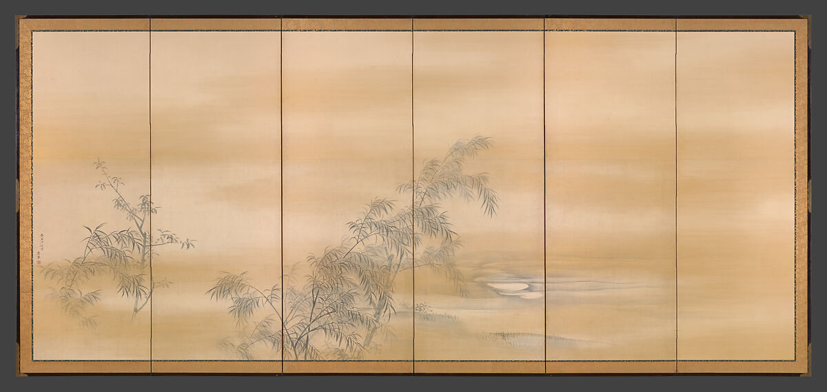 Goose and Reeds; Willows in the Moonlight, Maruyama Ōkyo 円山応挙 (Japanese, 1733–1795), Pair of six-panel folding screens; ink, color and gold on paper, Japan