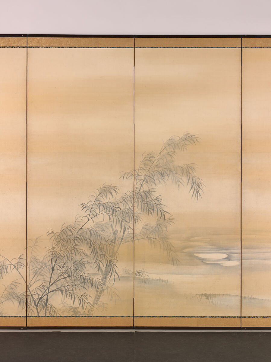 Goose and Reeds; Willows in the Moonlight, Maruyama Ōkyo 円山応挙 (Japanese, 1733–1795), Pair of six-panel folding screens; ink, color and gold on paper, Japan