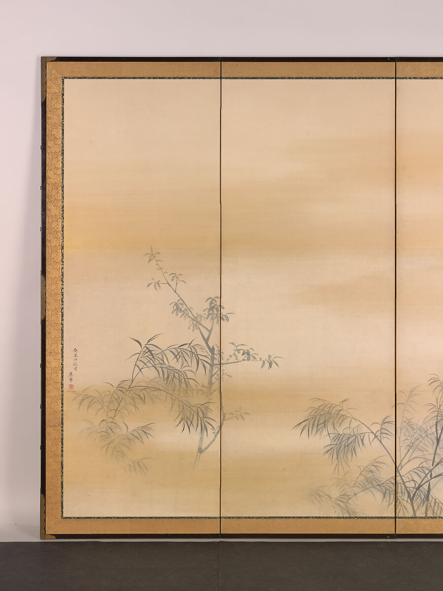 Goose and Reeds; Willows in the Moonlight, Maruyama Ōkyo 円山応挙 (Japanese, 1733–1795), Pair of six-panel folding screens; ink, color and gold on paper, Japan