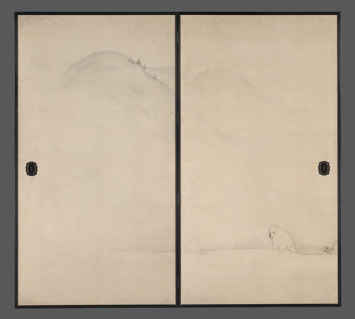 Puppies in the Snow, Nagasawa Rosetsu 長澤蘆雪 (Japanese, 1754–1799), Set of four sliding panels mounted as a pair of two-panel screens; ink and color on paper, Japan