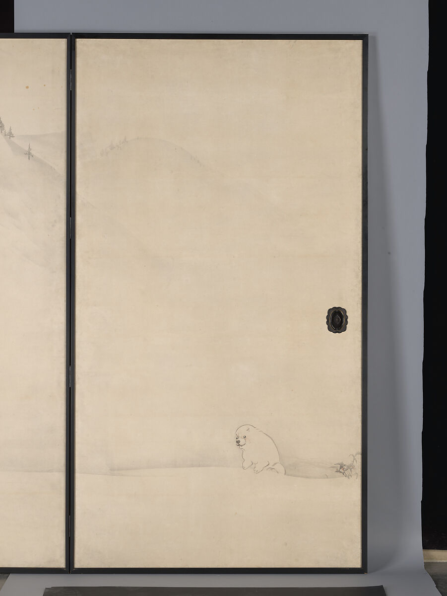 Puppies in the Snow, Nagasawa Rosetsu 長澤蘆雪 (Japanese, 1754–1799), Set of four sliding panels mounted as a pair of two-panel screens; ink and color on paper, Japan