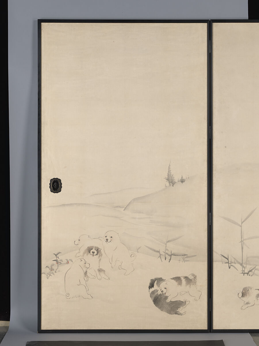 Puppies in the Snow, Nagasawa Rosetsu 長澤蘆雪 (Japanese, 1754–1799), Set of four sliding panels mounted as a pair of two-panel screens; ink and color on paper, Japan