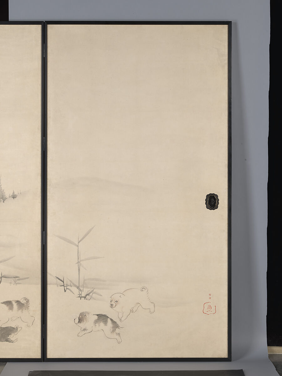 Puppies in the Snow, Nagasawa Rosetsu 長澤蘆雪 (Japanese, 1754–1799), Set of four sliding panels mounted as a pair of two-panel screens; ink and color on paper, Japan