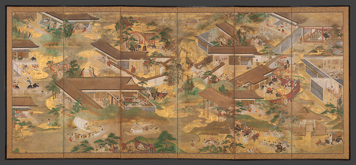 Fifty-Four Scenes from The Tale of Genji, Pair of six-panel folding screens; ink, color, gold, and gold leaf on paper, Japan 