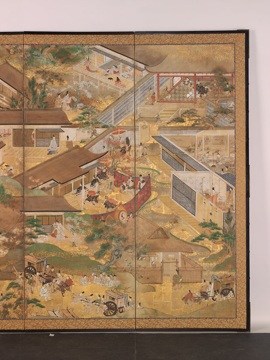 Fifty-Four Scenes from The Tale of Genji, Pair of six-panel folding screens; ink, color, gold, and gold leaf on paper, Japan