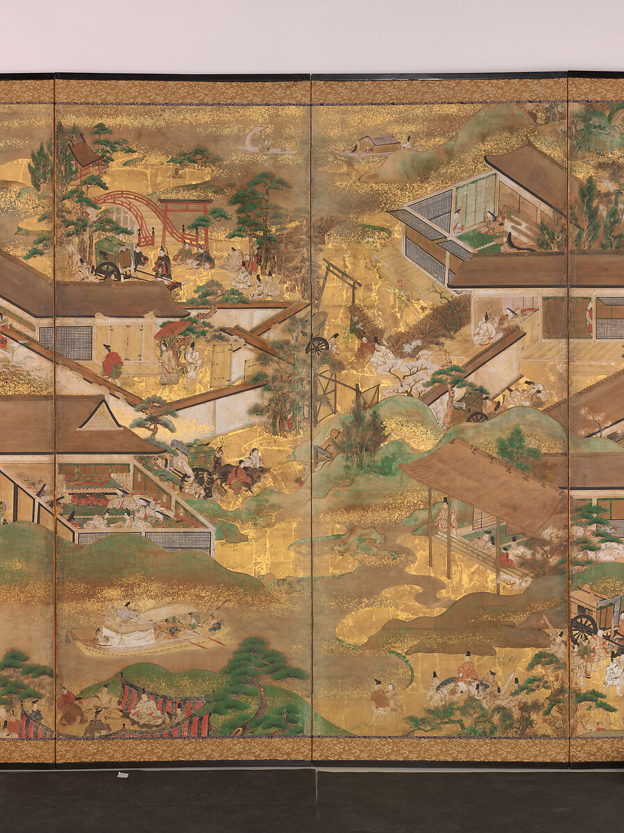Fifty-Four Scenes from The Tale of Genji, Pair of six-panel folding screens; ink, color, gold, and gold leaf on paper, Japan