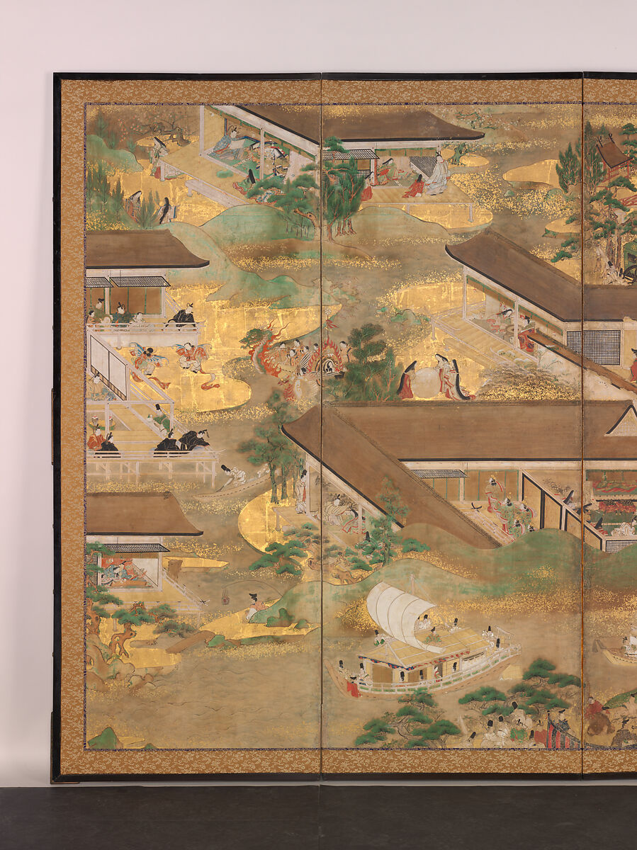 Fifty-Four Scenes from The Tale of Genji, Pair of six-panel folding screens; ink, color, gold, and gold leaf on paper, Japan