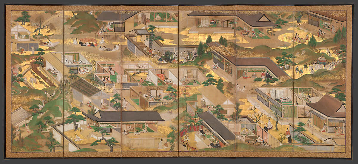 Fifty-Four Scenes from The Tale of Genji, Pair of six-panel folding screens; ink, color, gold, and gold leaf on paper, Japan