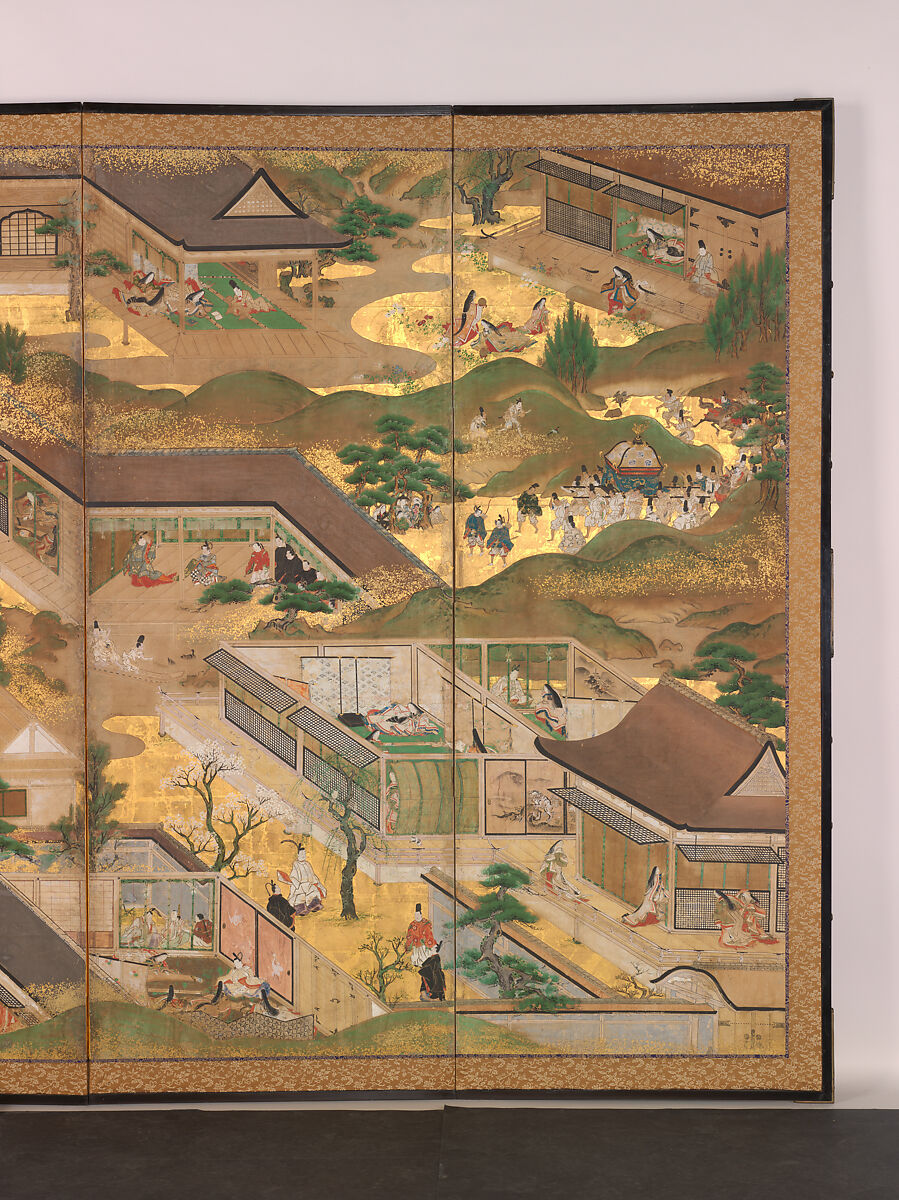 Fifty-Four Scenes from The Tale of Genji, Pair of six-panel folding screens; ink, color, gold, and gold leaf on paper, Japan