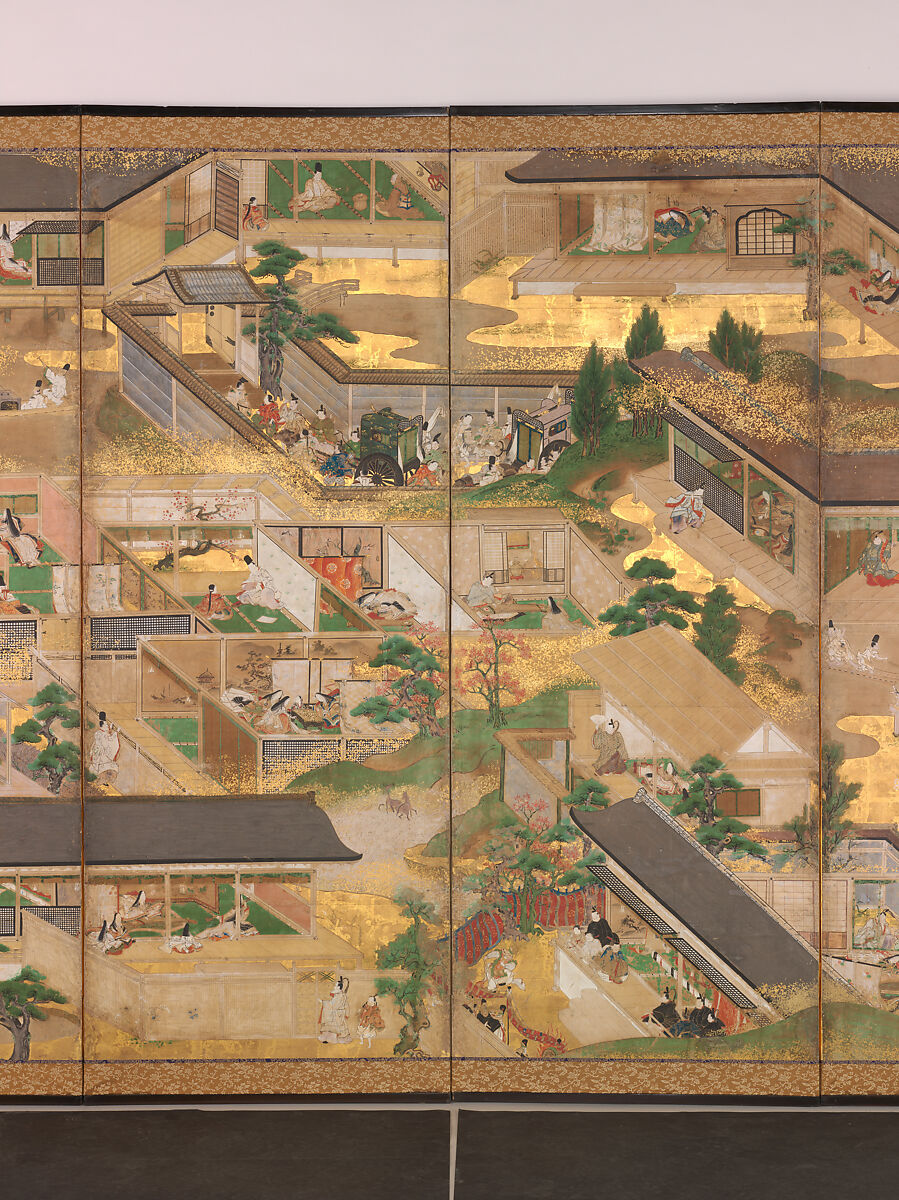Fifty-Four Scenes from The Tale of Genji, Pair of six-panel folding screens; ink, color, gold, and gold leaf on paper, Japan