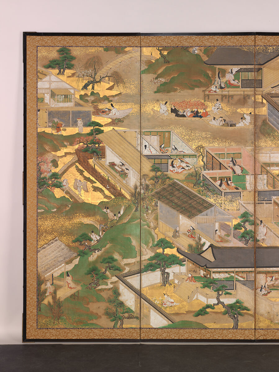 Fifty-Four Scenes from The Tale of Genji, Pair of six-panel folding screens; ink, color, gold, and gold leaf on paper, Japan