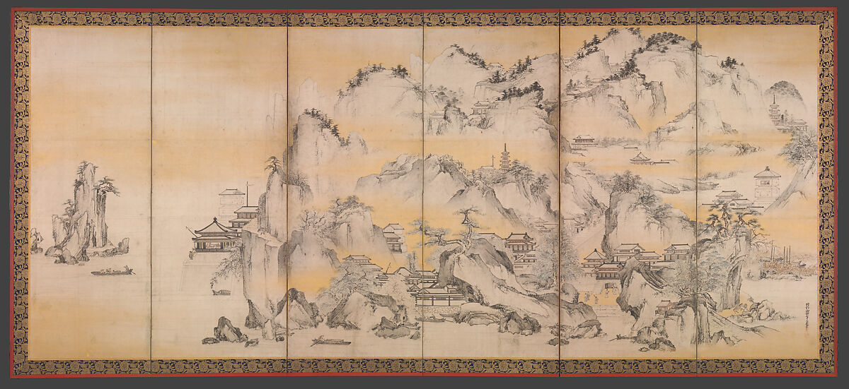 Jinshan Island and West Lake, Kano Sanraku (Japanese, 1559–1635), Pair of six-panel folding screens; ink, color, and gold on paper, Japan 
