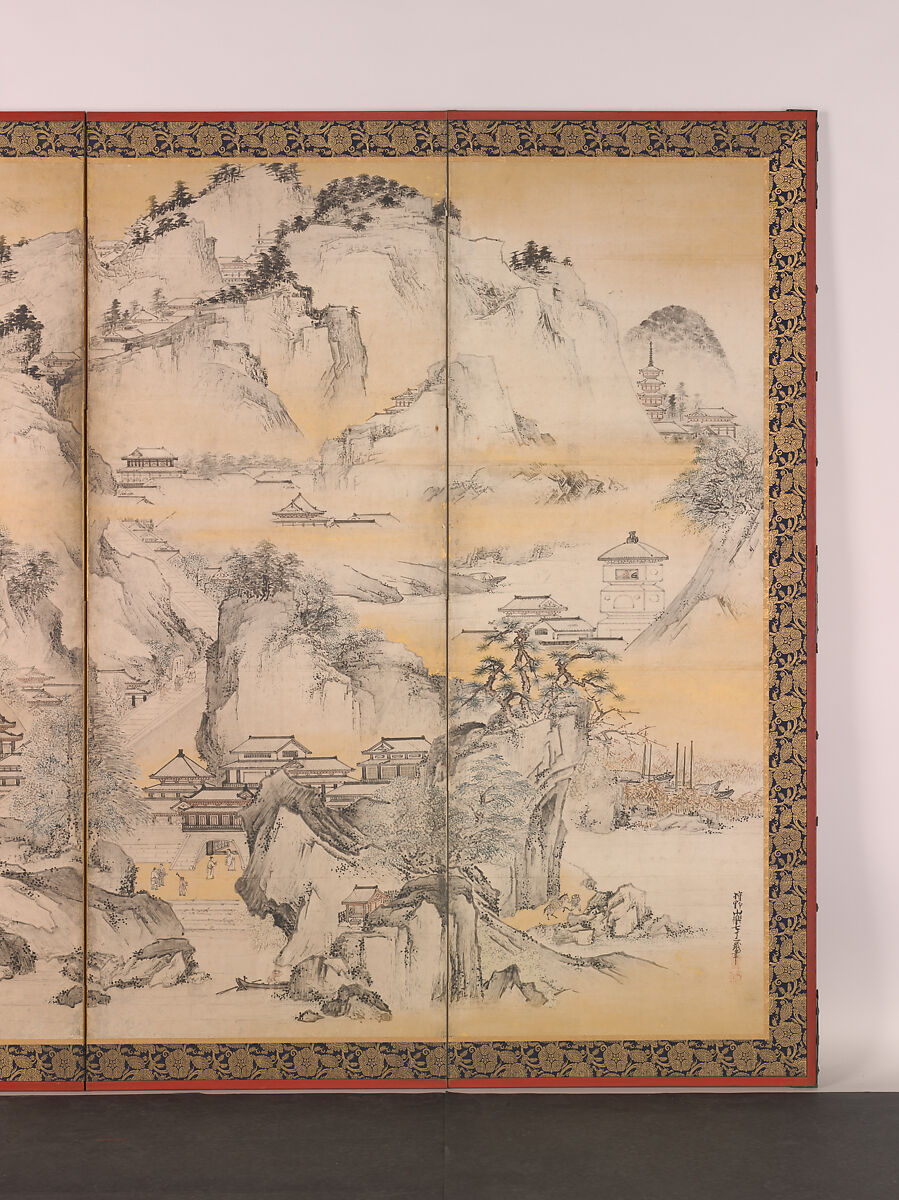Jinshan Island and West Lake, Kano Sanraku (Japanese, 1559–1635), Pair of six-panel folding screens; ink, color, and gold on paper, Japan