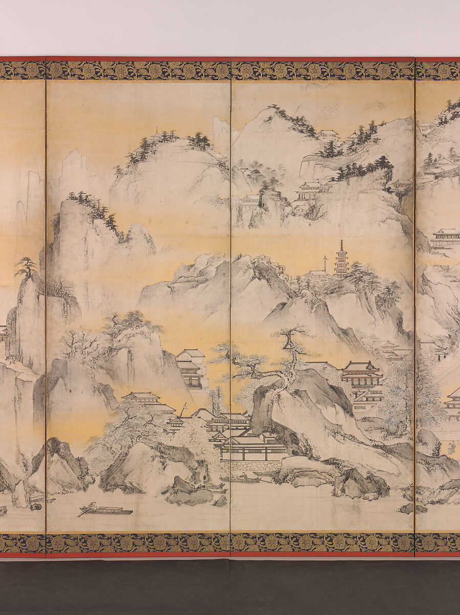 Jinshan Island and West Lake, Kano Sanraku (Japanese, 1559–1635), Pair of six-panel folding screens; ink, color, and gold on paper, Japan