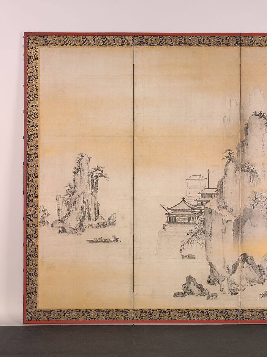 Jinshan Island and West Lake, Kano Sanraku (Japanese, 1559–1635), Pair of six-panel folding screens; ink, color, and gold on paper, Japan