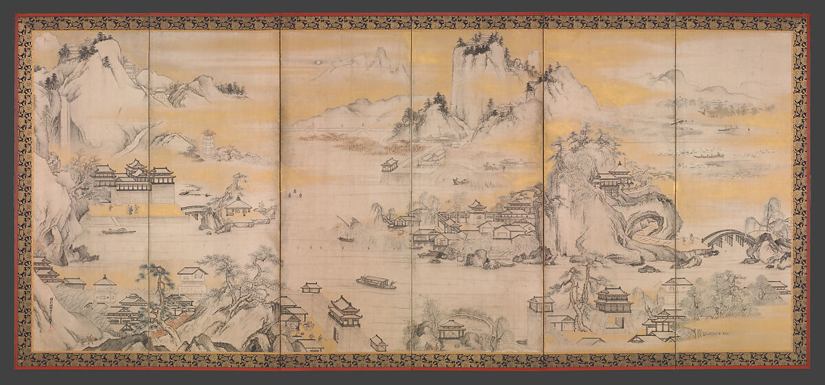 Jinshan Island and West Lake, Kano Sanraku (Japanese, 1559–1635), Pair of six-panel folding screens; ink, color, and gold on paper, Japan