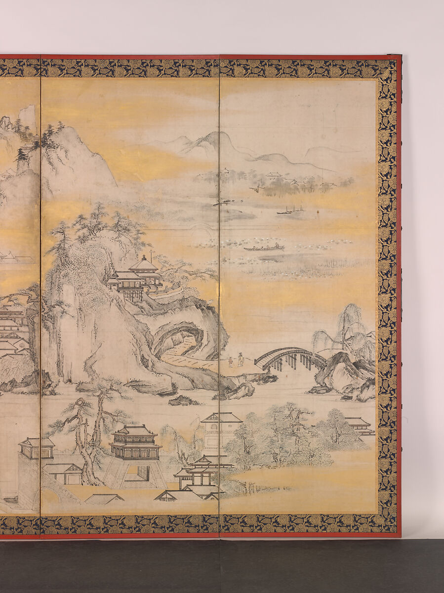 Jinshan Island and West Lake, Kano Sanraku (Japanese, 1559–1635), Pair of six-panel folding screens; ink, color, and gold on paper, Japan