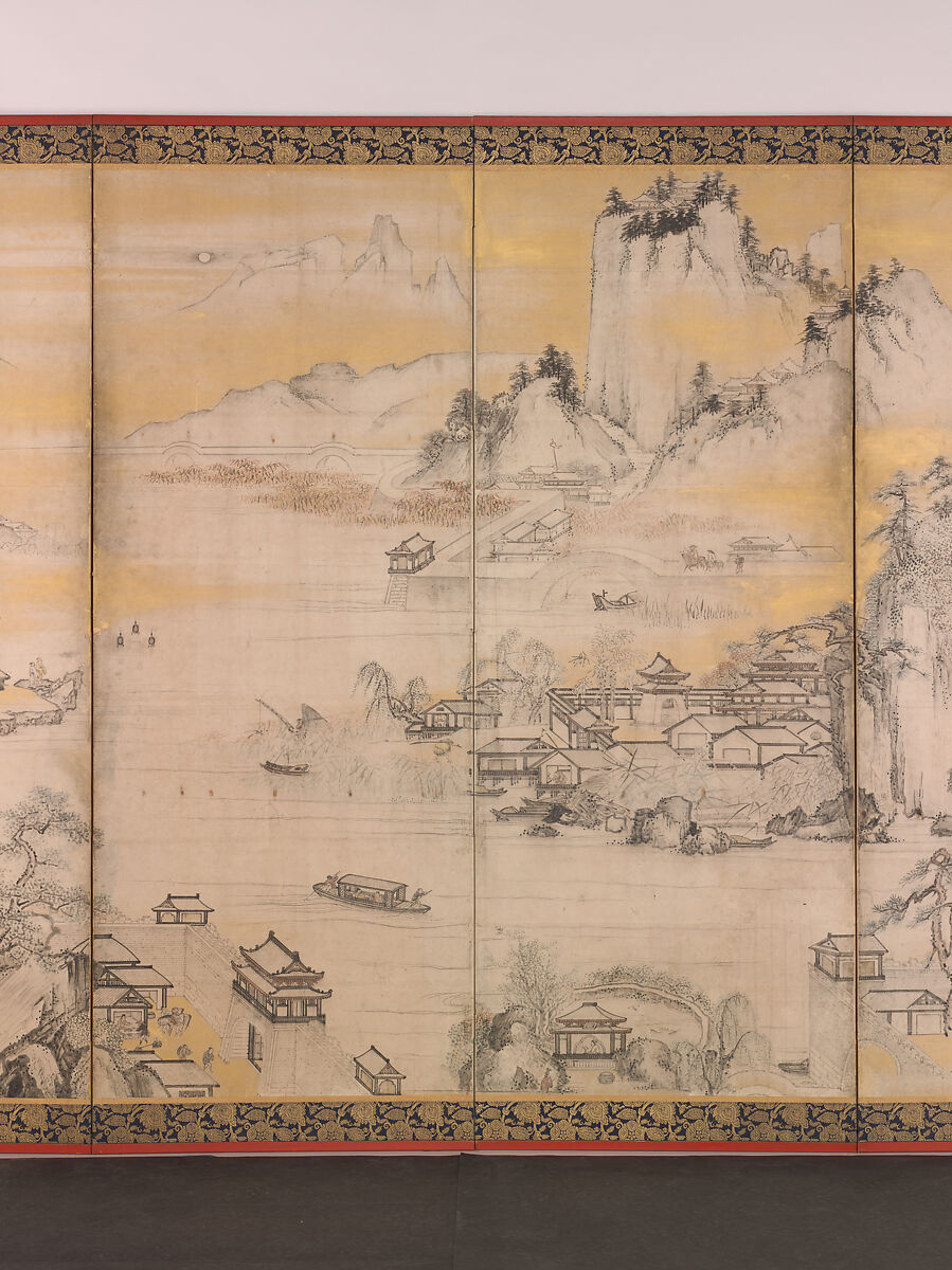 Jinshan Island and West Lake, Kano Sanraku (Japanese, 1559–1635), Pair of six-panel folding screens; ink, color, and gold on paper, Japan