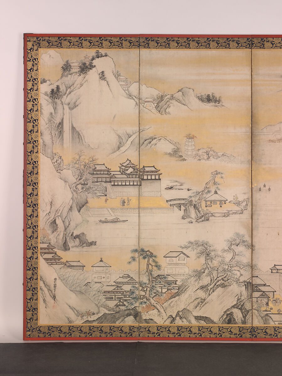 Jinshan Island and West Lake, Kano Sanraku (Japanese, 1559–1635), Pair of six-panel folding screens; ink, color, and gold on paper, Japan