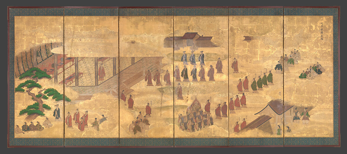 Scenes at the University with Images of the Ancient Sages; Debate and Banquet at the Administration Offices, Pair of six-panel folding screens; ink, color and gold on gilded paper, Japan