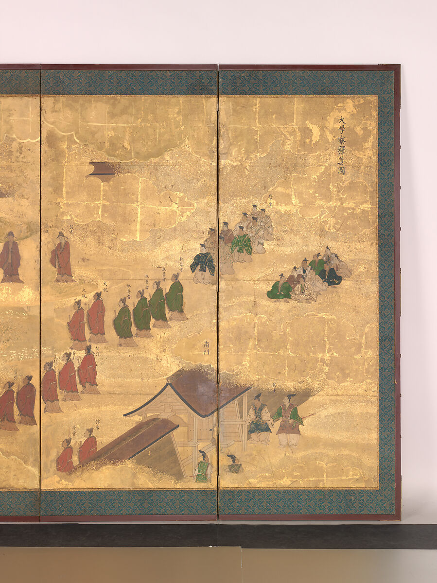 Scenes at the University with Images of the Ancient Sages; Debate and Banquet at the Administration Offices, Pair of six-panel folding screens; ink, color and gold on gilded paper, Japan
